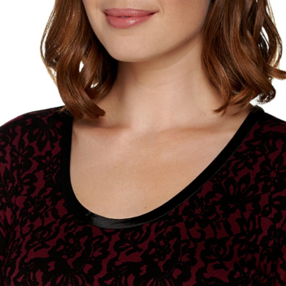 Kelly Clinton Kelly Printed Lace Jersey Scoop Top Satin Trim Wine M NEW - Picture 3 of 8